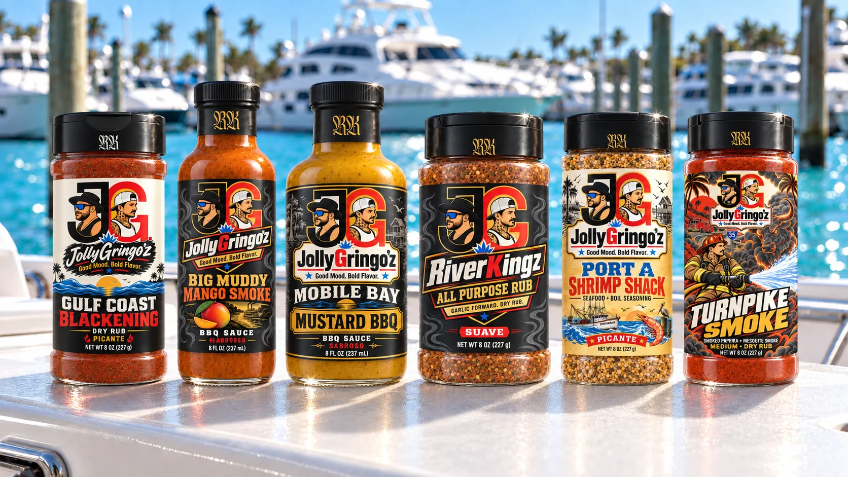 The six JollyGringo'z Starting Lineup bottles on a boat deck at a sunny marina